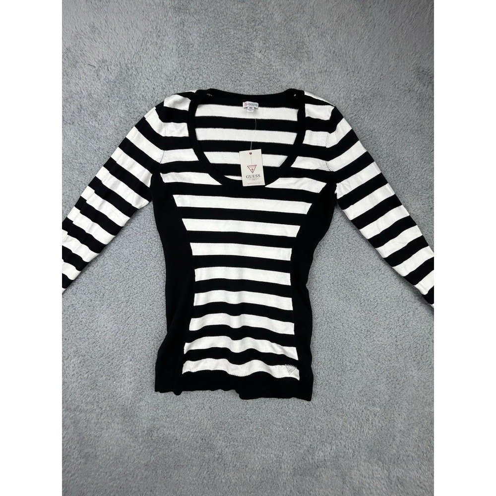 Guess Womens Size Medium Black White Striped Sweater Long Sleeve Scooped Neck